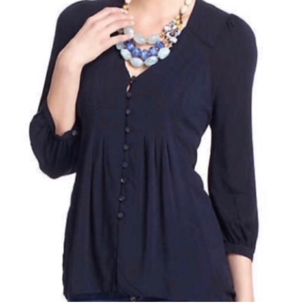 Anthropologie Vanessa Virginia 3/4 Sleeve Navy Blue Button v neck Blouse Size 4